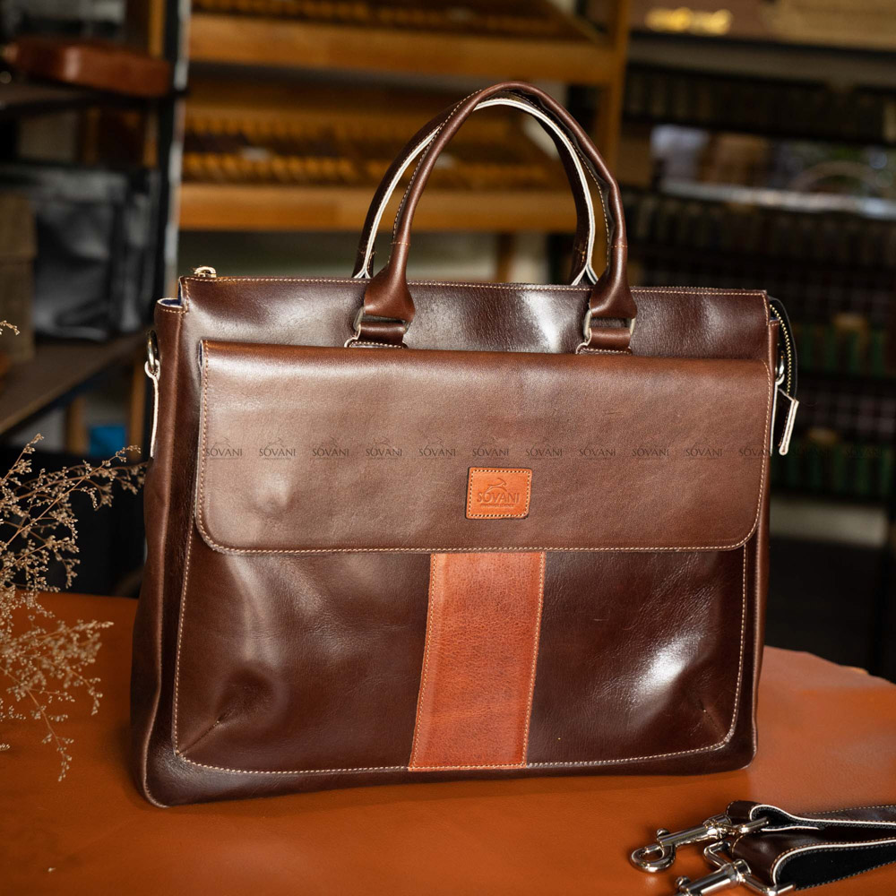 Sovani Leather | Trang chủ Cặp laptop da bò Crazy Horse nguyên tấm – màu nâu cà phê, kích thước 13–15 inch
